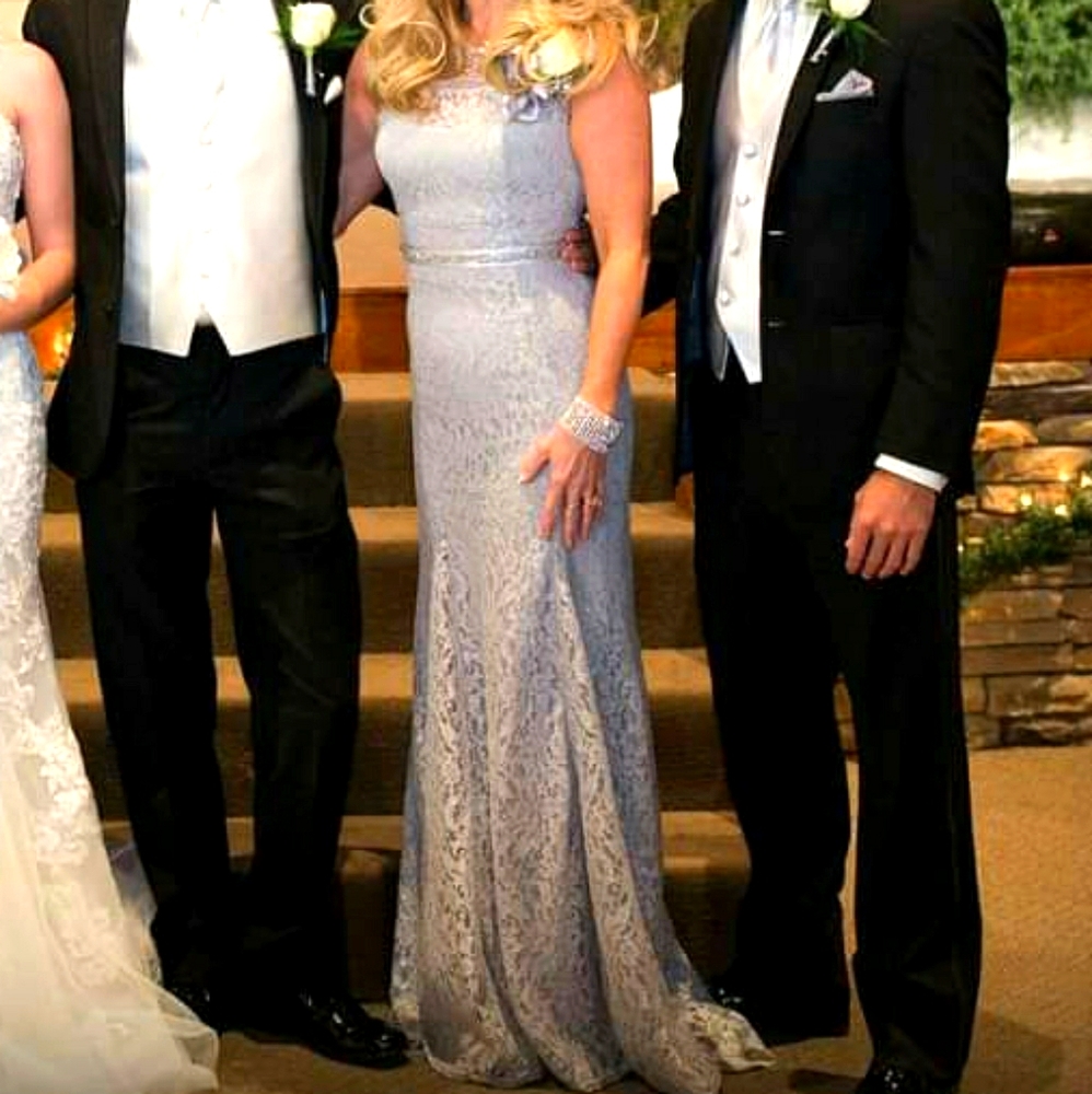 Silver formal with rhinestone belt and small train